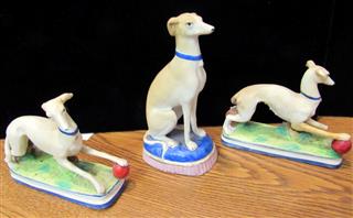 ANTIQUE LOT OF 3 STAFFORDSHIRE BISQUE PORCELAIN WHIPPET DOG FIGURES - DAMAGED